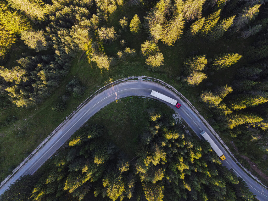 Trucking on the Road at Sunrise in Pine Green Forest.