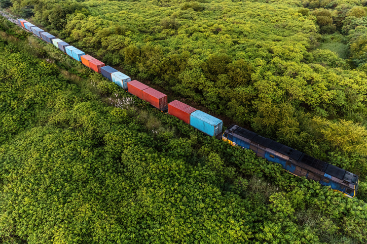 high angle view of freight train