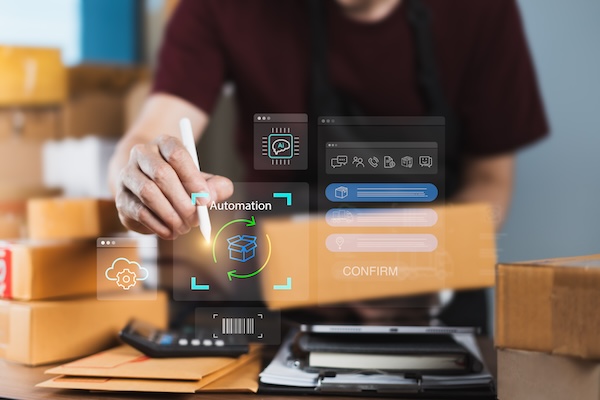 A person in an apron is seen managing packages with a digital overlay displaying "Automation," icons, and options. The tone is efficient and modern.