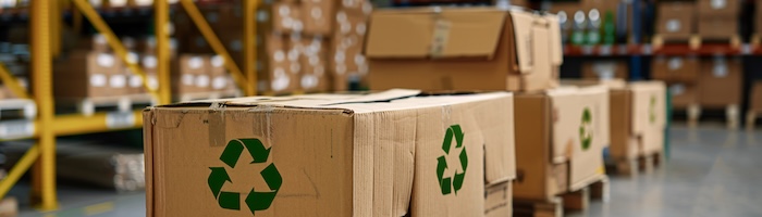 Packaging station using eco-friendly materials, highlighting sustainable supply chain practices and carbon footprint reduction