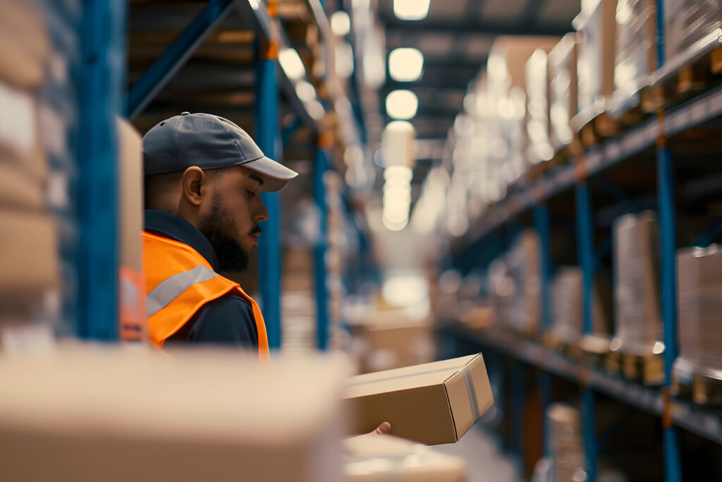 A worker in a warehouse sorts boxes with parcels for logistic centre. Warehouse workers, a huge logistics hub for receiving parcels from all over the world