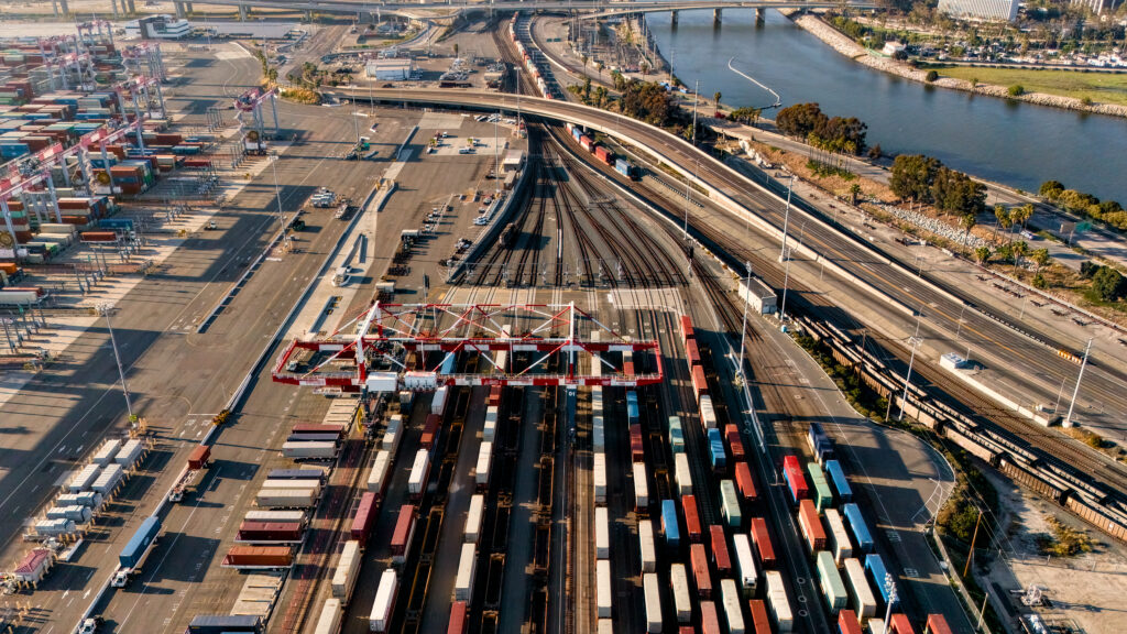 Aerial view of cargo rail yard and container terminal
