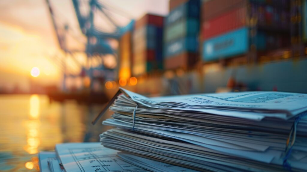 A stack of logistics documents and invoices